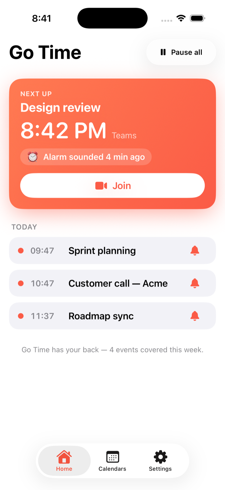 Go Time’s home screen on iPhone — a coral “Next up” alarm card above today’s agenda.
