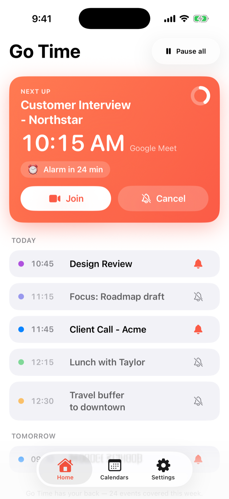 Go Time’s home screen with a Customer Interview alarm card and a Join button.