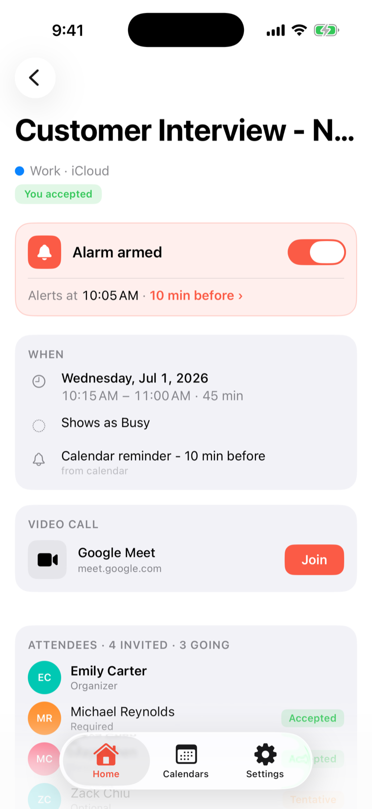 Go Time’s event screen showing Alarm armed and a Google Meet Join button.
