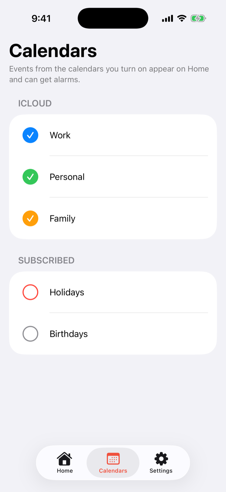 Go Time’s Calendars screen with Work, Personal, and Family selected and subscribed calendars turned off.