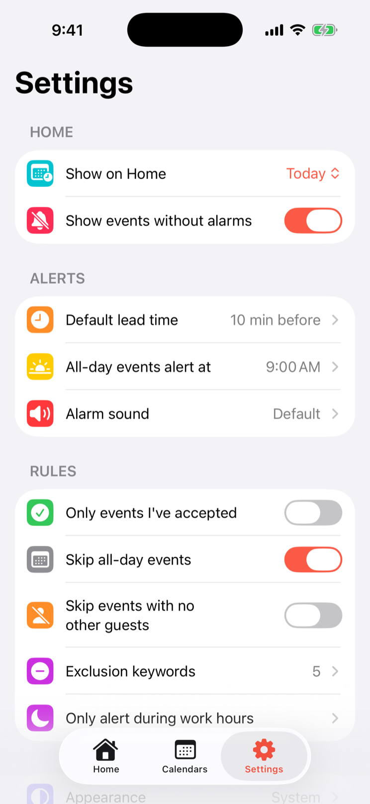 Go Time’s Settings screen showing lead time, alarm sound, and Smart Rules controls.