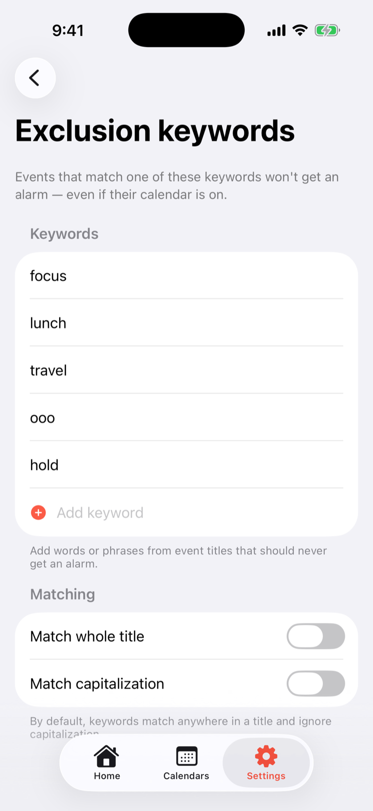 Go Time’s exclusion-keyword screen listing focus, lunch, travel, out-of-office, and hold filters.