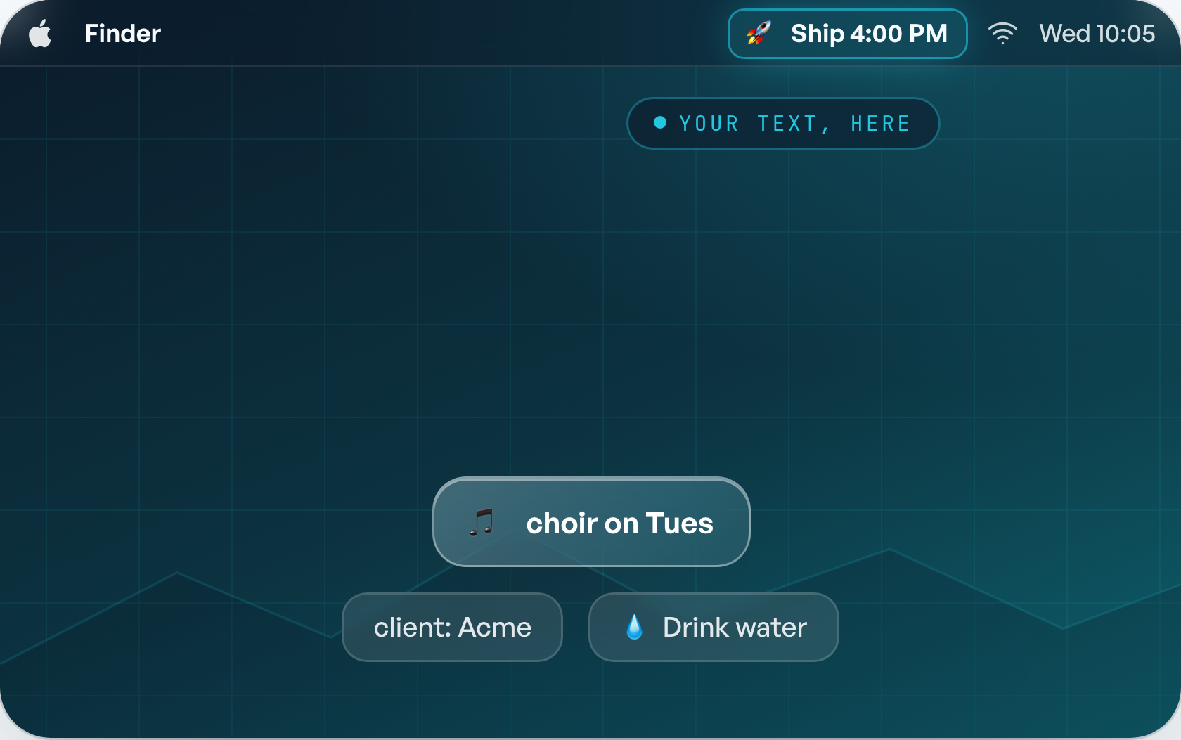 The macOS menu bar with Menu Bar Label running — a custom label reading “Ship 4:00 PM” pinned beside the system clock, alongside example labels like “choir on Tues”, “client: Acme”, and “Drink water”.